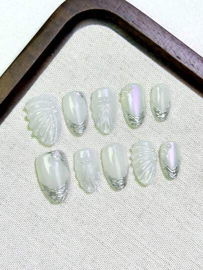 10 قطع من أظافر معدنية حرفية ملونة على طراز فرنسي ثلاثي الأبعاد بنمط صدفة اللؤلؤ، مع مسحوق مرآوي ، أظافر مستعملة متعددة الألوان للحلوى مع تعقيدات الفواصل ، حلاقة قصيرة للبنات والنساء مناسبة للاستخدام على مدار السنة