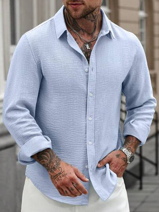 Manfinity CasualCool قميص كاجوال أبيض طويل الأكمام من الكتان، بتصميم بسيط وأنيق، مناسب للصيف