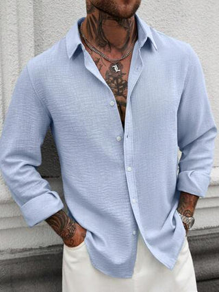 Manfinity CasualCool قميص كاجوال أبيض طويل الأكمام من الكتان، بتصميم بسيط وأنيق، مناسب للصيف