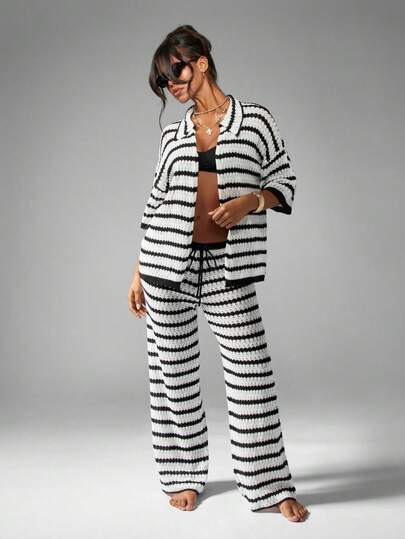 MISSGUIDED بنطلون سروال عريض مريح محبوك بنمط مخطط، للارتداء البيتي والشاطئي وأثناء العطلات الصيفية، بتصميم بنطلون بلازو مريح وناعم للارتداء