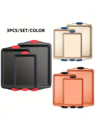 مجموعة 3 قطع من صواني الخبز غير قابلة للالتصاق من الصلب الكربوني، داخل وخارج غير قابل للالتصاق ذات جودة تجارية مطعم، مع مقابض من السيليكون الأحمر، أدوات المطبخ