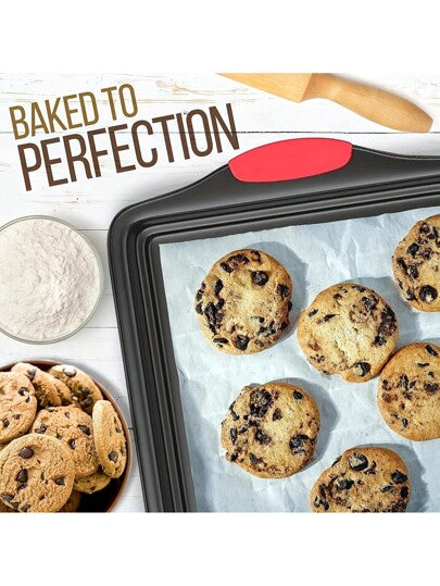 مجموعة 3 قطع من صواني الخبز غير قابلة للالتصاق من الصلب الكربوني، داخل وخارج غير قابل للالتصاق ذات جودة تجارية مطعم، مع مقابض من السيليكون الأحمر، أدوات المطبخ