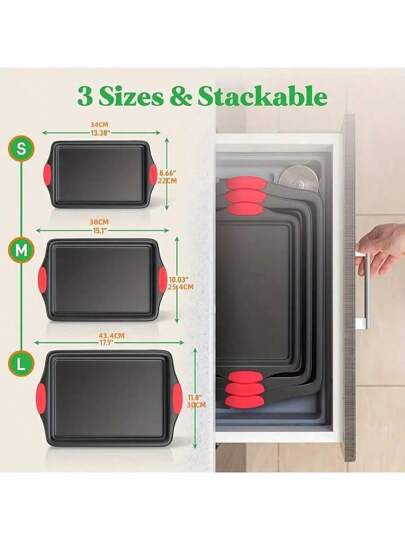 مجموعة 3 قطع من صواني الخبز غير قابلة للالتصاق من الصلب الكربوني، داخل وخارج غير قابل للالتصاق ذات جودة تجارية مطعم، مع مقابض من السيليكون الأحمر، أدوات المطبخ