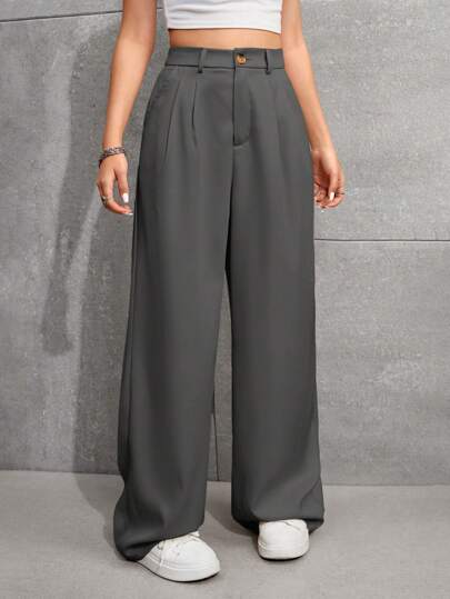 SHEIN بنطلونات ساق واسعة للمراهقات، من القماش المنسوج باللون الأحادي، مع جيوب جانبية