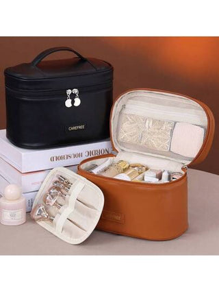 حقيبة مستحضرات التجميل اليدوية قطعة واحدة، حقيبة سفر، منظم مستحضرات التجميل متعدد الطبقات مقاوم للماء كبير السعة مع تجويف فرش المكياج ومقبض، قابل للإزالة، مناسب للسيدات والفتيات للسفر، إكسسوارات عطرية، تخزين متعدد الوظائف