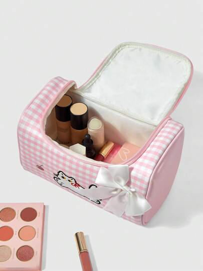 ROMWE Kawaii حقيبة منظم مستحضرات تجميل ذات سعة كبيرة بطبعة قطة بنمط الشيكر الوردي الجميل 1368226