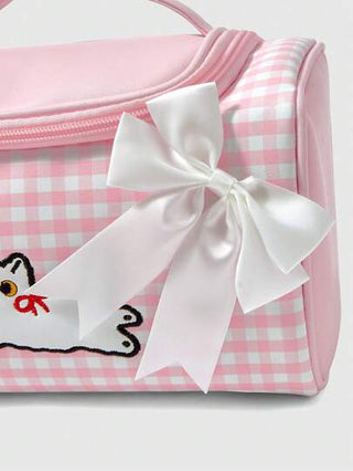 ROMWE Kawaii حقيبة منظم مستحضرات تجميل ذات سعة كبيرة بطبعة قطة بنمط الشيكر الوردي الجميل 1368226