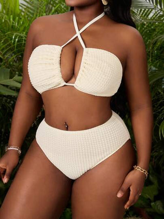 SHEIN Slayr CURVE مجموعة ملابس سباحة 3 قطع للمرأة بحجم كبير: كروب توب علوي بدون حمالات بلون صلب وارتباط جاكارد، سكيرت سفلي مع ربط جانبي مفرغ