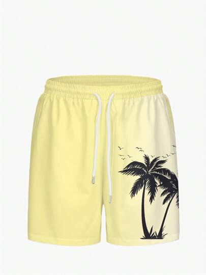 بنطلون سباحة رجالي للأنشطة الخارجية والعطلات الهاوائية، مطبوع رقميًا ثلاثي الأبعاد على طلة أشجار جوز الهند الممزوجة، بسحاب وطبقة واحدة