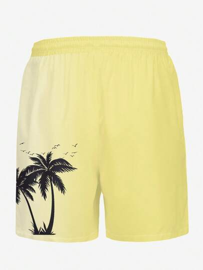 بنطلون سباحة رجالي للأنشطة الخارجية والعطلات الهاوائية، مطبوع رقميًا ثلاثي الأبعاد على طلة أشجار جوز الهند الممزوجة، بسحاب وطبقة واحدة