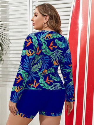 Swim SPRTY طقم ملابس علوية أكمام طويلة مزركشة بالزهور وشورت بمقاس كبير قطعة واحدة، بكيني أنيق للسيدات لارتداء في شاطئ العطلات