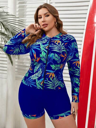 Swim SPRTY طقم ملابس علوية أكمام طويلة مزركشة بالزهور وشورت بمقاس كبير قطعة واحدة، بكيني أنيق للسيدات لارتداء في شاطئ العطلات
