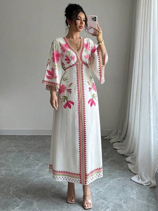 فساتين حريمي Yasmyna العيد فستان أنيق بأكمام جرس مطبوع بزهور للنساء