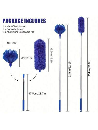 مكنسة قابلة للتمديد من ألياف دقيقة بمقبض من الفولاذ المقاوم للصدأ - متعددة الاستخدامات، مرنة وقابلة لإعادة الاستخدام لتنظيف الأسقف العالية والأثاث والأماكن الضيقة - قابلة للغسل في الغسالة، مثالية لتنظيف المنزل والسيارة الداخلية