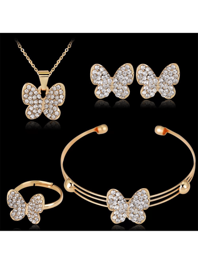 طقم مجوهرات فراشة مرصع بالراين أنيق وعصري لفتيات المراهقات