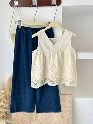 girls-sets Vintaside Kids مجموعة (فستان ملابس علوية عاري قلنسوة الدانتيل) و (بنطلون جينز غسيل طويل كاجوال) للصيف، بطراز كوري، مناسبة للخروجات والسفر والعطلات أو الارتداء اليومي