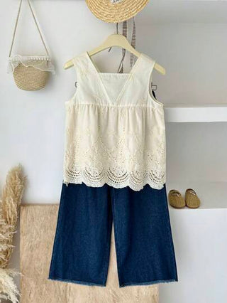 girls-sets Vintaside Kids مجموعة (فستان ملابس علوية عاري قلنسوة الدانتيل) و (بنطلون جينز غسيل طويل كاجوال) للصيف، بطراز كوري، مناسبة للخروجات والسفر والعطلات أو الارتداء اليومي