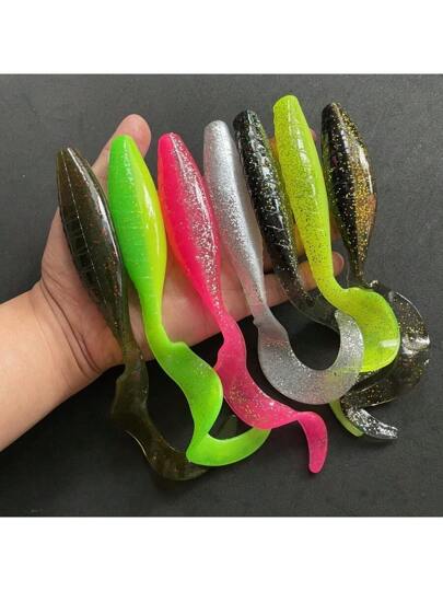 5 قطع طعم صيد السمك البلاستيكي الناعم بذيل متعرج بطول 7.48 بوصة - حركة سباحة واقعية، طعم متعدد الألوان للسمك الأسود والسمك الأخضر والتمساح والخيار البحري، مناسب للصيادين وهواة الصيد