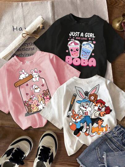 SHEIN تي شيرت كاجوال كرتوني بطبعة أرنب بتصميم محايد للفتيات الصغيرات، طقم 3 قطع باللون الأسود والأبيض والوردي، مناسب للصيف
