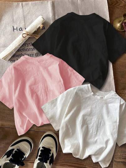 SHEIN تي شيرت كاجوال كرتوني بطبعة أرنب بتصميم محايد للفتيات الصغيرات، طقم 3 قطع باللون الأسود والأبيض والوردي، مناسب للصيف