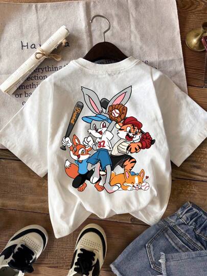 SHEIN تي شيرت كاجوال كرتوني بطبعة أرنب بتصميم محايد للفتيات الصغيرات، طقم 3 قطع باللون الأسود والأبيض والوردي، مناسب للصيف