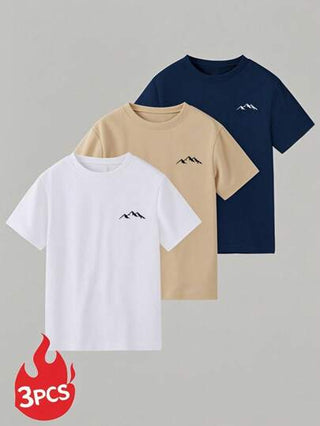 3 قطعة/مجموعة قمصان قصيرة الأكمام بطباعة بارزة للأولاد والمراهقين والطلاب، رياضية وعادية، لفصل الصيف