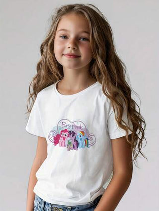 تيشيرتات بناتي MY LITTLE PONY تي شيرت قصير الأكمام بطبعة الفرس الوردي الصغير الكرتوني لفتيات 8-12 عاما، موسم الصيف، قطعة واحدة