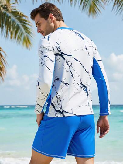 Manfinity Swimmode مجموعة بدلة سباحة رجالية كم طويل من الأقمشة المربوطة والقصيرة، حماية من الشمس، هاواي