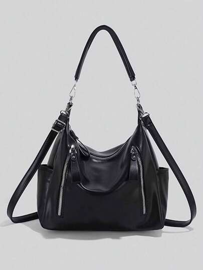 حقيبة جلد حقا أسود ذات سحاب مزدوج، شكل أنيق، متعددة الوظائف للحمل باليد أو عبر الجسم أو فوق الكتف، حقيبة عصرية كاجوال مناسبة للجامعة والسيدات