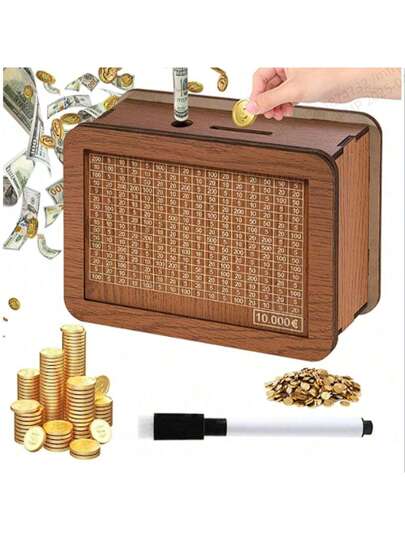 أثاث مكتبي صندوق ادخار خشبي لتحدي الادخار النقدي، صندوق نقود خشبي، صندوق ادخار للبالغين، صندوق نقود وهدف رقمي للهدية النقدية ، المنتج بألوان مختلفة خفيفا في كل دفعة، ومسطحات طفيفة بالسطح(صنع يدوي)، لوازم مدرسية، عودة إلى المدرسة