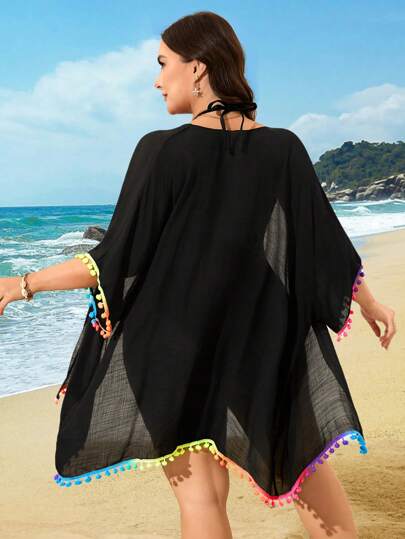 Swim Lushoire كيمونو متنوع اللون حجم كبير للنساء، مزين بالشراريب والكرات القطنية، فضفاض رقيق خفيف الوزن للارتداء على الشاطئ