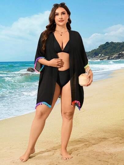 Swim Lushoire كيمونو متنوع اللون حجم كبير للنساء، مزين بالشراريب والكرات القطنية، فضفاض رقيق خفيف الوزن للارتداء على الشاطئ