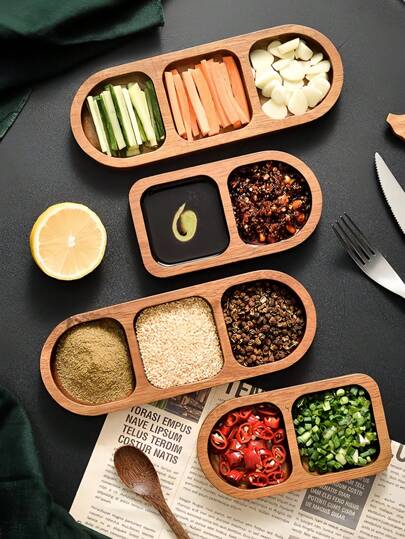 قطعة واحدة من أطباق الغمر الخشبية، أطباق توابل ثلاثية الأقسام المزدوجة، أطباق صلصة الشواء، أطباق وجبات خفيفة مقسمة، مناسبة لمطاعم الشواء والمطبخ وكهدية عيد الميلاد