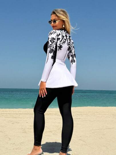 Swim Mulvari مجموعة بيكيني من قطعتين للنساء مكونة من ملابس علوية كم طويل مطبوعة بطبعات زهور ذات تباين لوني أنيق وبنطال طويل