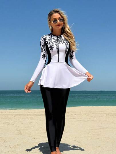 Swim Mulvari مجموعة بيكيني من قطعتين للنساء مكونة من ملابس علوية كم طويل مطبوعة بطبعات زهور ذات تباين لوني أنيق وبنطال طويل