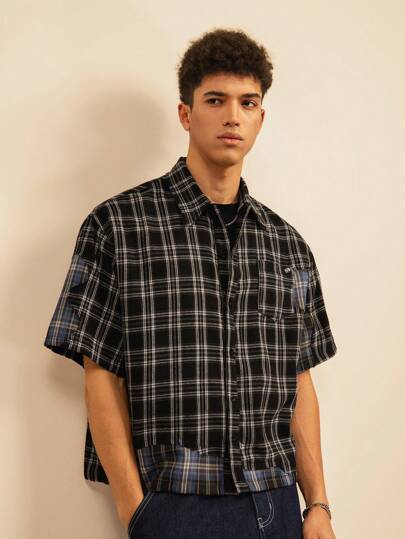 SWAVVY قميص رجالي كاجوال مفكك بنقشة المربعات، فضفاض بياقة منسدلة، للمدرسة والموسيقى الإيموشنال