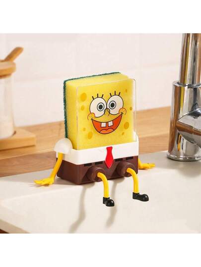 SPONGEBOB قطعة واحدة من رف التصريف الإسفنجي الكرتوني، رف استحمام مرح مع منظم تخزين معلق، له مميزات خاصة لاكسسوارات المطبخ وبار القهوة، تصميم موفر للمساحة وسهل التنظيف، من مادة البلاستيك، مطلوب التجميع