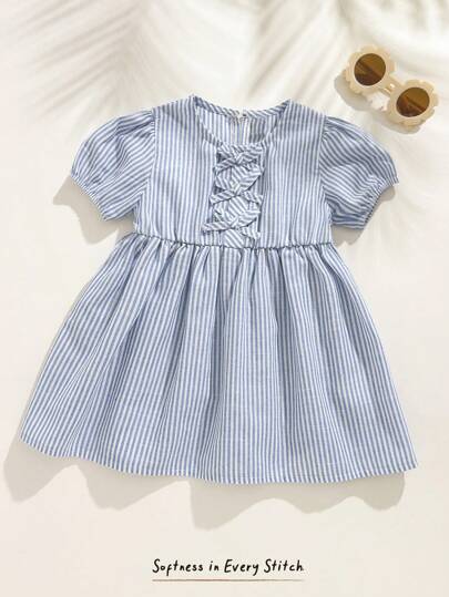 فساتين بيبي Cozy Pixies فستان للبنات الصغار بياقة دائرية وأكمام قصيرة منتفخة، مزين بفيونكة ثلاثية الأبعاد مع خصر مربوط