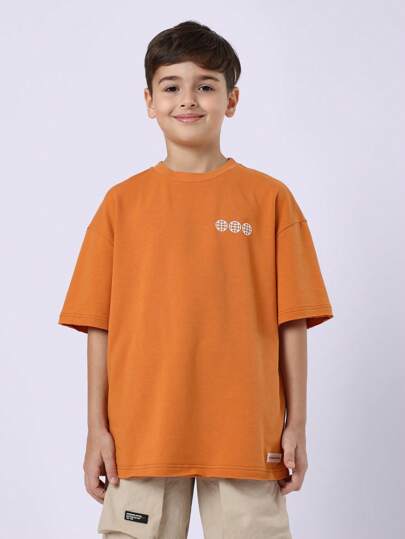 SUMWON تي شيرت فضفاض أساسيات الشارع الحضري، للأولاد، قطن، قطعة ثقيلة ملابس رياضية عادية للصيف والربيع والخريف، شعار كرة أرضية