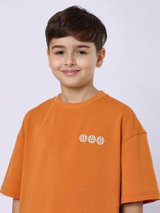 SUMWON تي شيرت فضفاض أساسيات الشارع الحضري، للأولاد، قطن، قطعة ثقيلة ملابس رياضية عادية للصيف والربيع والخريف، شعار كرة أرضية