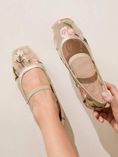 CUCCOO CHICEST أحذية نسائية ذات رؤوس مستديرة بسيطة وأنيقة، مصنوعة من قماش مطرز ذو شبكة بيج، مع شريط عشوائي مطاطي للاستخدام اليومي