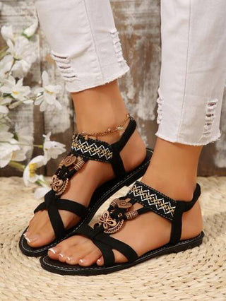 صندل كاجوال مسطح مُنسوج للنساء للصيف ، نعل بخرز فينتاج