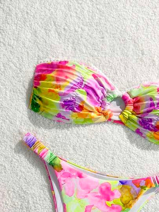 Swim مجموعة بكيني بلون الزهور الخفيف بطراز اللوحات الزيتية، ملابس علوية بندو وسفلي بشكل سروال مثير ، مجموعة بكيني صيفية