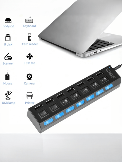 1 قطعة موزع USB 2.0 ب- 7 منافذ / 4 منافذ، شاحن USB مع ضوء LED، مفتاح تشغيل/إيقاف مستقل، محطة شحن USB 5 فولت 1 أمبير للكمبيوتر والأجهزة اللوحية والكمبيوتر المحمول