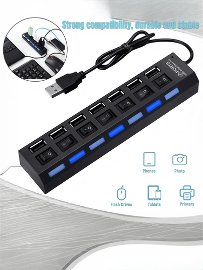 1 قطعة موزع USB 2.0 ب- 7 منافذ / 4 منافذ، شاحن USB مع ضوء LED، مفتاح تشغيل/إيقاف مستقل، محطة شحن USB 5 فولت 1 أمبير للكمبيوتر والأجهزة اللوحية والكمبيوتر المحمول