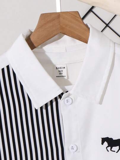 قميص كاجوال قصير الأكمام ذو طبعة شريطية منقطة للأصغر من المراهقين، مناسب للصيف الكاجوال، الرياضة، الخروجات، الحفلات، الملائم للعديد من المناسبات