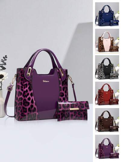 مجموعة حقيبة يد ذات نمط نمر، 2 قطعة، حقائب نسائية أنيقة ذات تداخل براق، حقيبة سهرة فاخرة، حقيبة مدرسية للنساء، مزودة بسير كتف قابل للتعديل وسعة كبيرة - هدية لعيد الأم هدية مناسبة لعيد الأم