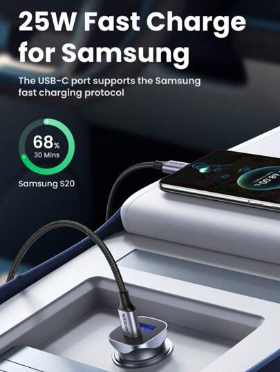 UGREEN شاحن سيارة 30 واط من UGREEN طراز USB-C متوافق مع iPad Pro وأجهزة 16 و15 و14 و13 Pro Max وSamsung S23 و S22 ،شاحن سريع للهواتف الخلوية
