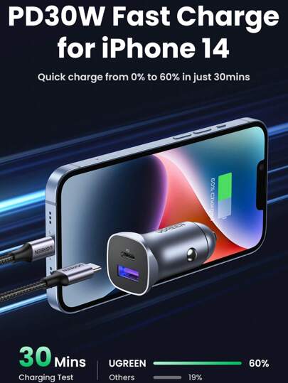 UGREEN شاحن سيارة 30 واط من UGREEN طراز USB-C متوافق مع iPad Pro وأجهزة 16 و15 و14 و13 Pro Max وSamsung S23 و S22 ،شاحن سريع للهواتف الخلوية