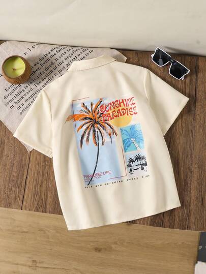 قميص صيفي عادي بطبعة شجرة النخيل على الشاطئ بتصميم كلاسيكي للأولاد، مناسب للإجازة الصيفية قطعة واحدة